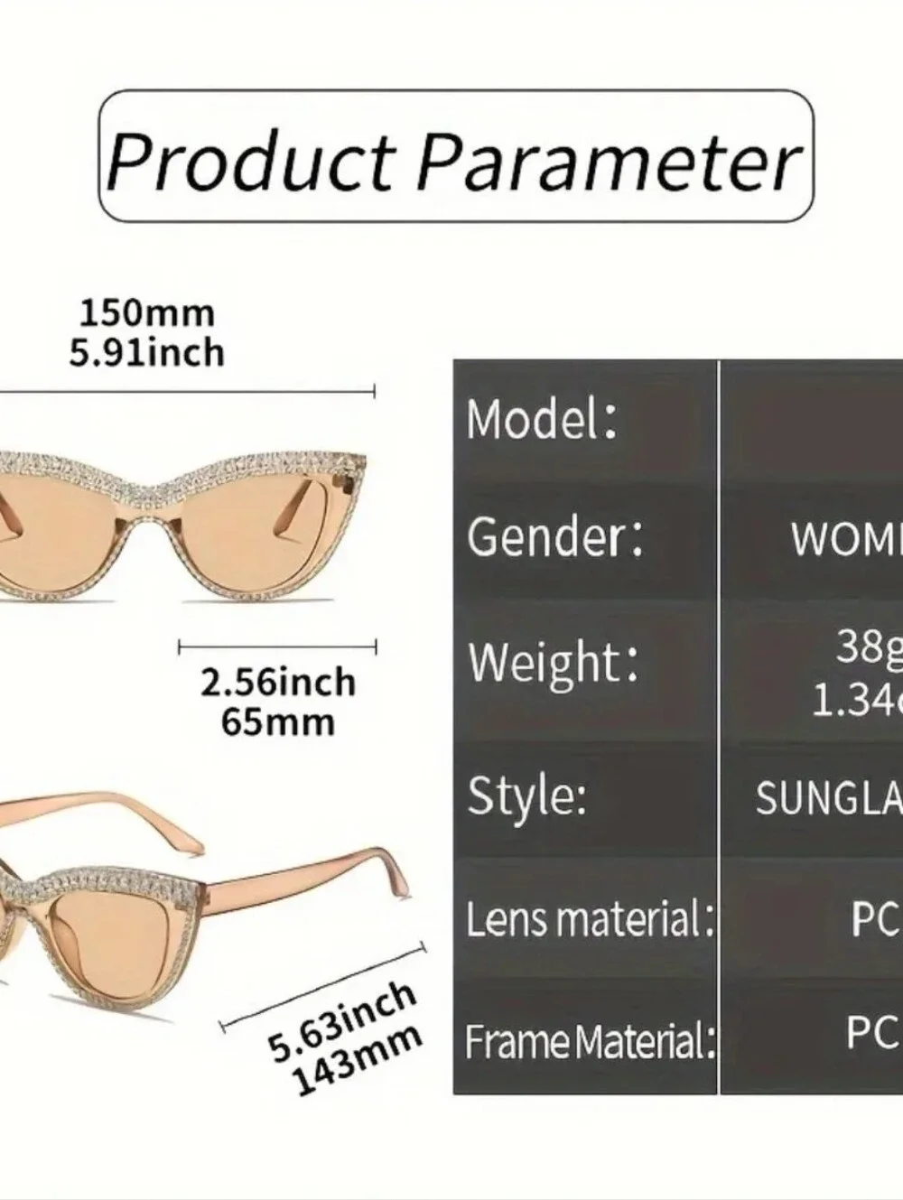Retro Fashion Champagne Rhinestone Cats Eye  Glasses